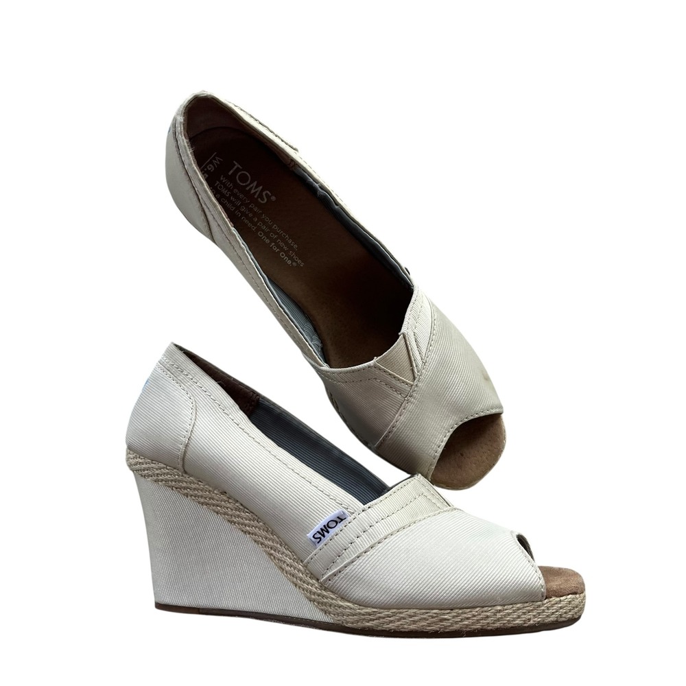 TOMS Wedge Espadrille Peep Toe Casual Comfort Shoe Neutral Ivory Women 6.5 Beach